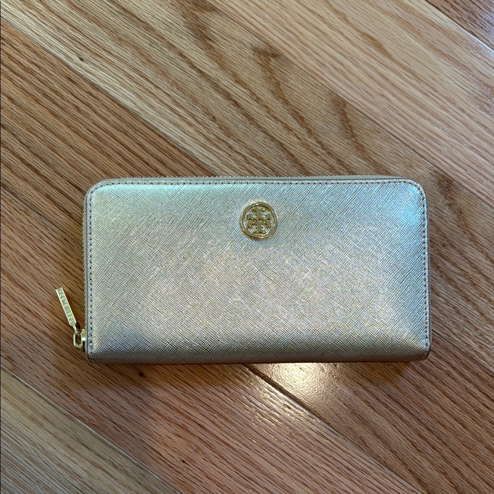 Tory Burch Gold Zip-Around Leather Wallet